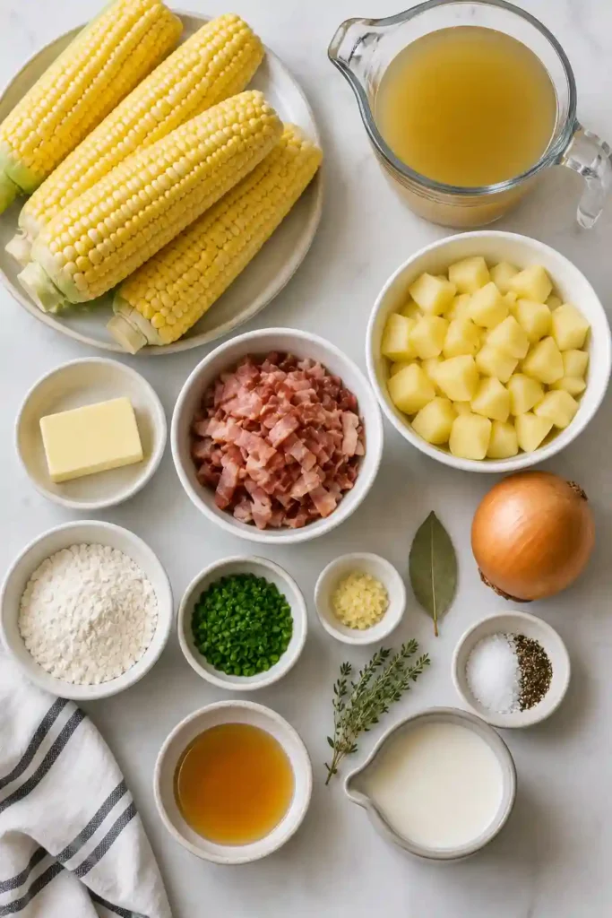 Close-up of creamy Corn Chowder garnished with turkey bacon, shredded cheddar, and fresh chives. A comforting homemade soup recipe.