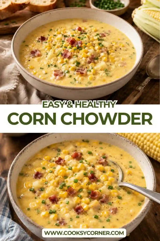 Homemade Corn Chowder served in a rustic bowl with fresh chives and cheddar cheese. A creamy corn and potato soup perfect for chilly evenings.