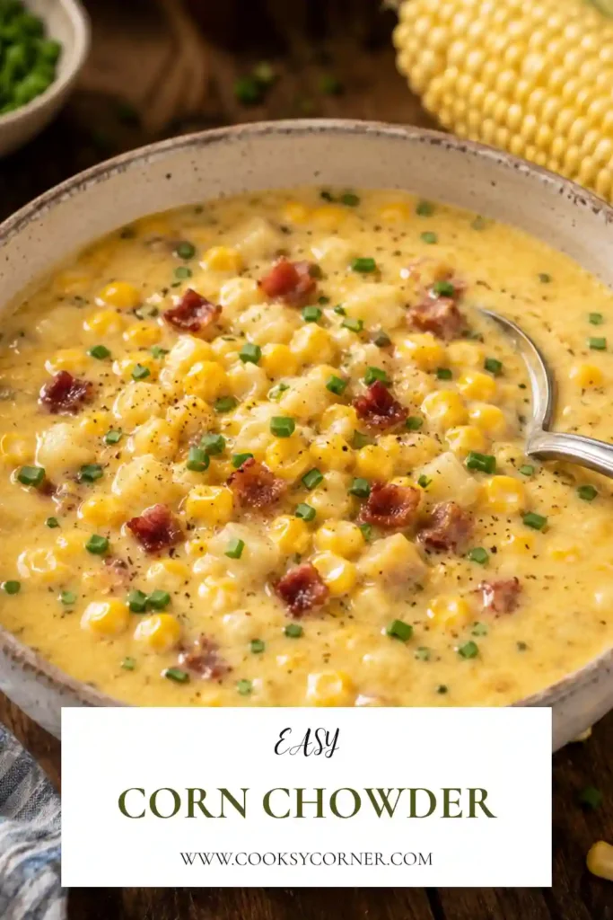 A bowl of creamy Corn Chowder topped with fresh chives, shredded cheddar cheese, and crispy turkey bacon. This hearty homemade soup is made with sweet corn and tender Yukon Gold potatoes.