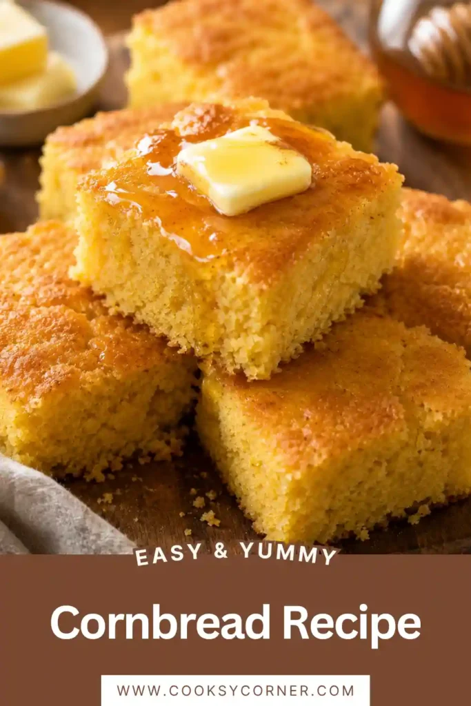 Golden homemade cornbread cooling in a cast-iron skillet after baking. The moist texture and buttery finish make this an irresistible comfort food.