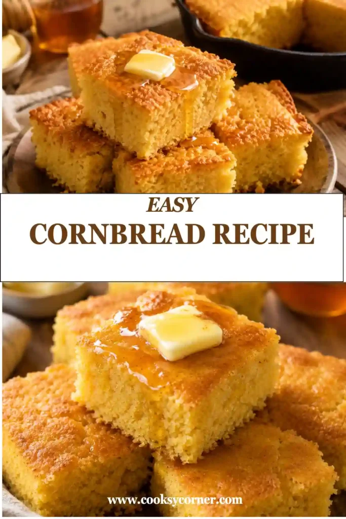Slices of easy skillet cornbread made with creamed corn, showing a tender crumb and crispy edges. A classic homemade side dish for soups and barbecue.