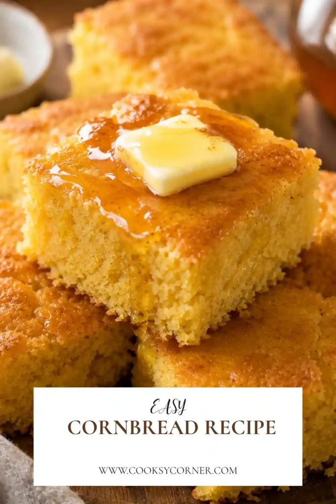 A freshly baked skillet cornbread with a golden brown crust and soft, moist interior. This homemade cornbread recipe is perfect served warm with butter and honey.