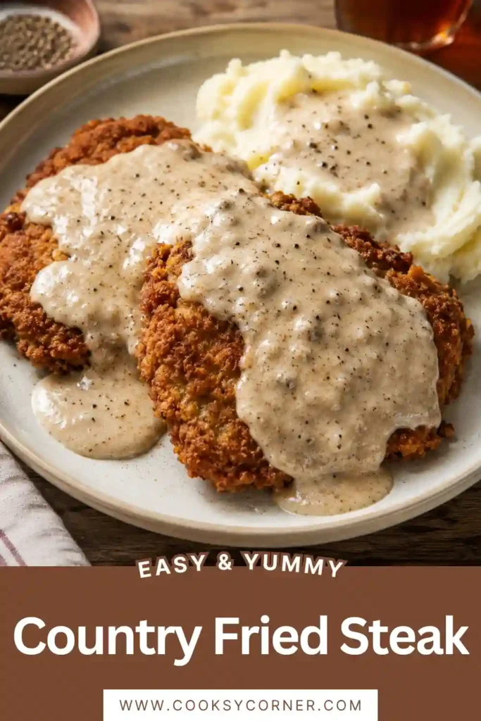 Close-up of crispy Country Fried Steak showing its crunchy coating and tender interior. A delicious homemade Southern dinner ready to serve.