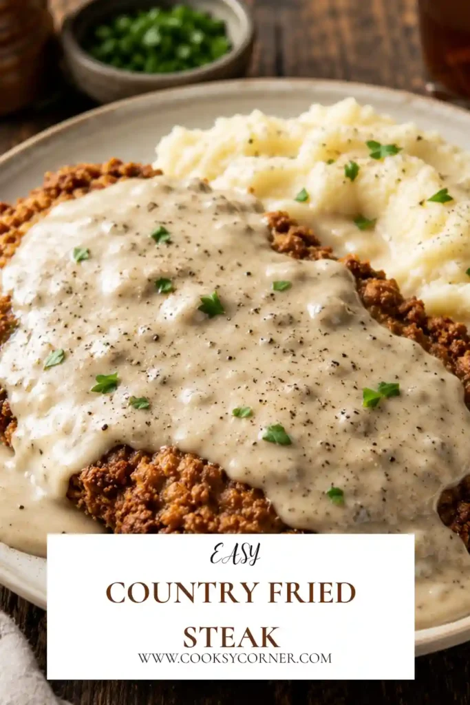 Freshly cooked Country Fried Steak with a crispy golden coating served on a plate alongside creamy mashed potatoes. This Southern comfort food features tender cube steak with a perfectly seasoned crust.