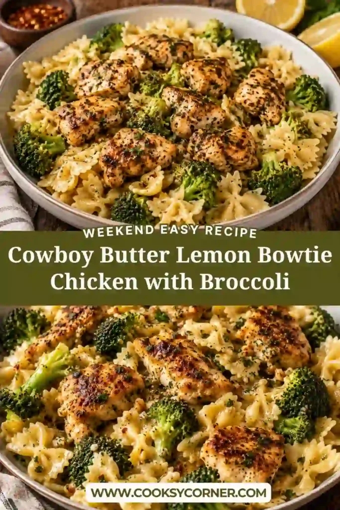 2. Freshly cooked bowtie pasta tossed with seasoned chicken, broccoli, Parmesan cheese, and a flavorful cowboy butter lemon sauce. A colorful and satisfying family meal.