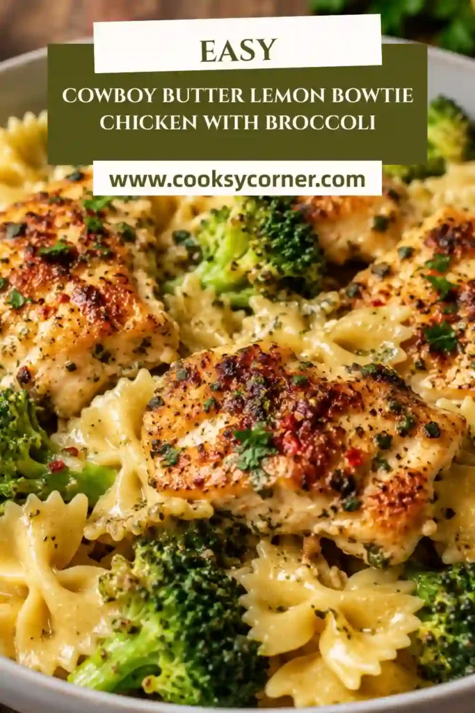 1. A bowl of Cowboy Butter Lemon Bowtie Chicken with Broccoli featuring juicy chicken, farfalle pasta, tender broccoli, and Parmesan in a buttery lemon garlic sauce. This comforting pasta recipe is perfect for weeknight dinners.