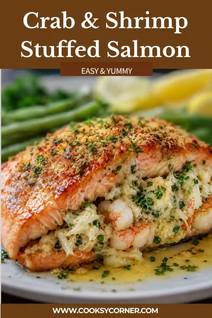 Close-up of baked Crab & Shrimp Stuffed Salmon with creamy seafood filling and fresh herbs. Served with lemon slices for a bright, flavorful finish.