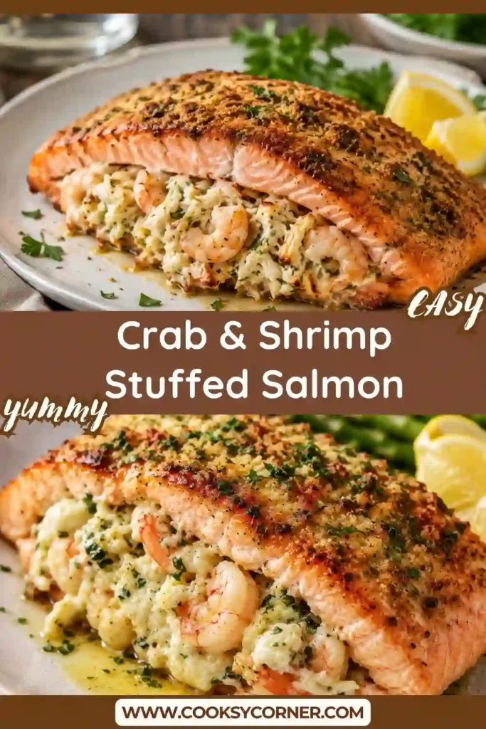 Freshly baked seafood stuffed salmon sliced open to reveal a creamy crab and shrimp filling. Garnished with parsley and served warm for an elegant dinner.