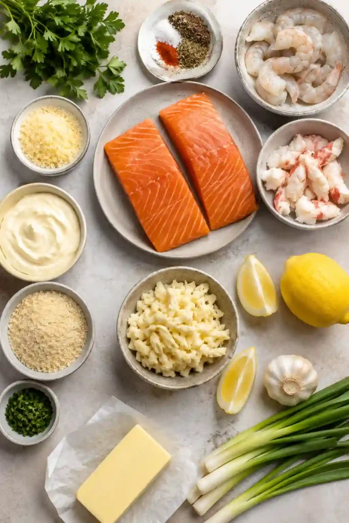 Flaky salmon fillets stuffed with creamy crab and shrimp filling, baked until golden and served with fresh parsley. A delicious homemade seafood dinner ready to enjoy.