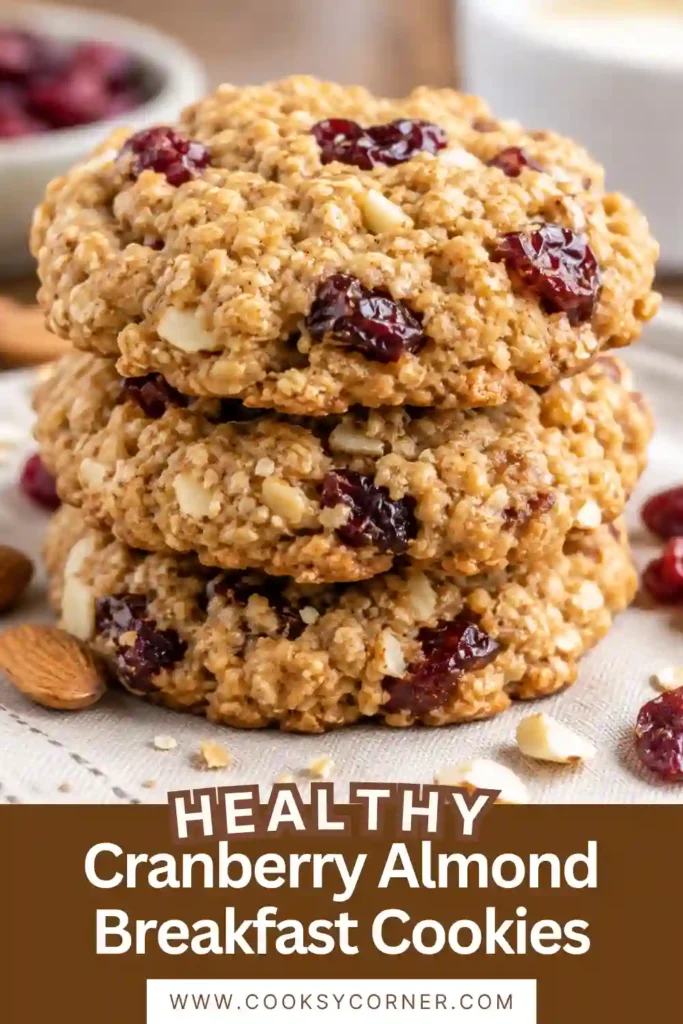 Close-up of chewy Cranberry Almond Breakfast Cookies showing oats, cranberries, and slivered almonds throughout every bite.
