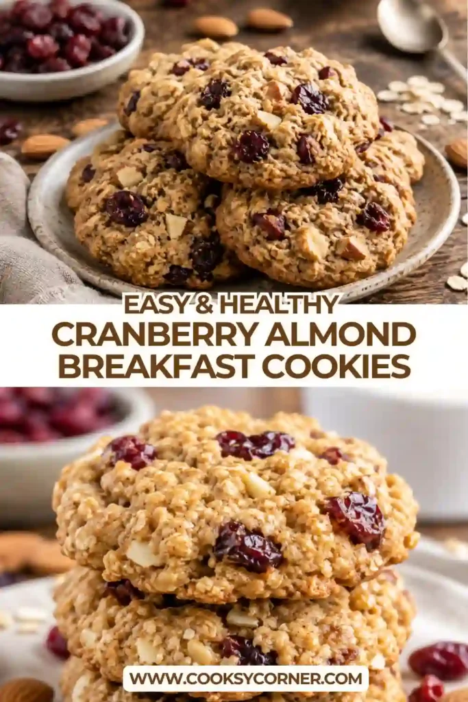 A stack of homemade Cranberry Almond Breakfast Cookies served on a rustic plate. Each cookie is loaded with oats, cinnamon, cranberries, and almonds.
