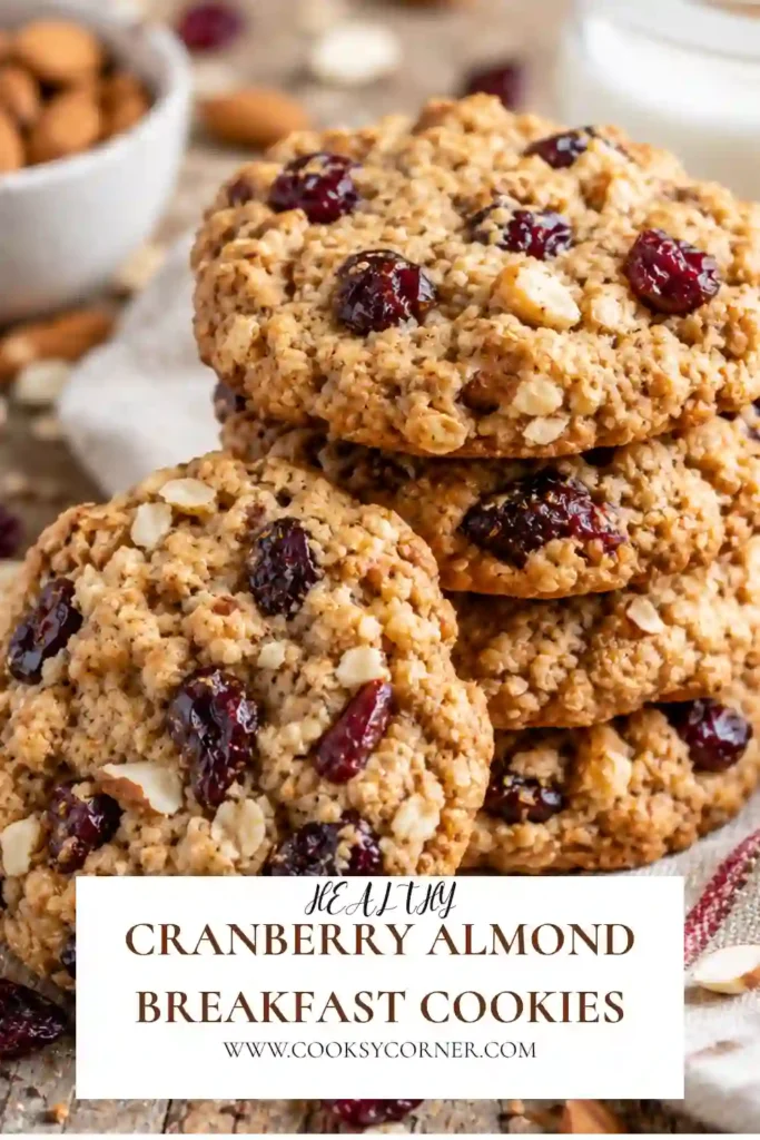 Freshly baked Cranberry Almond Breakfast Cookies cooling on a wire rack. These hearty oatmeal cookies are packed with dried cranberries, slivered almonds, and wholesome ingredients for an easy breakfast.