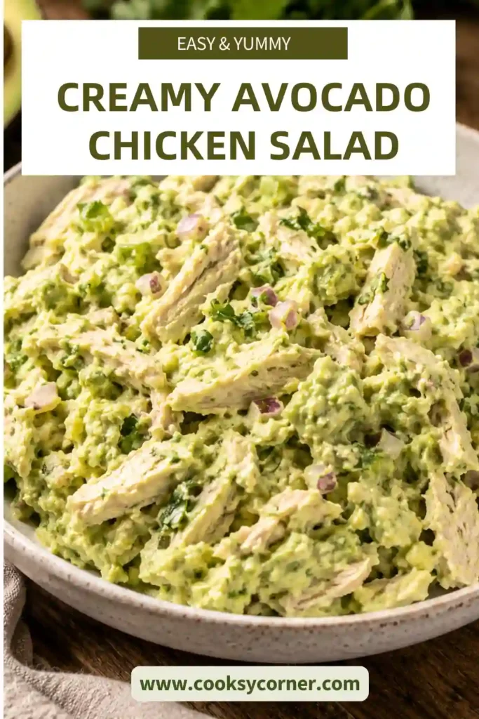 Homemade Creamy Avocado Chicken Salad garnished with cilantro and lime wedges. An easy healthy chicken salad recipe made with simple ingredients.