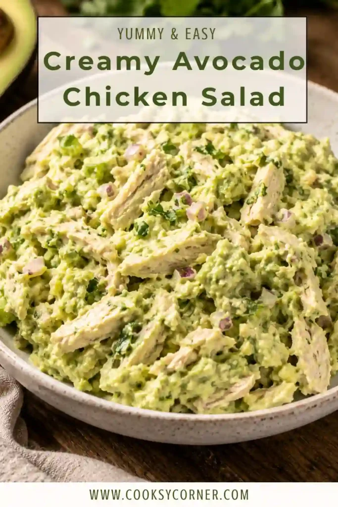 Healthy avocado chicken salad with rotisserie chicken, fresh herbs, celery, and lime served in a white bowl. A quick protein-packed lunch recipe.
