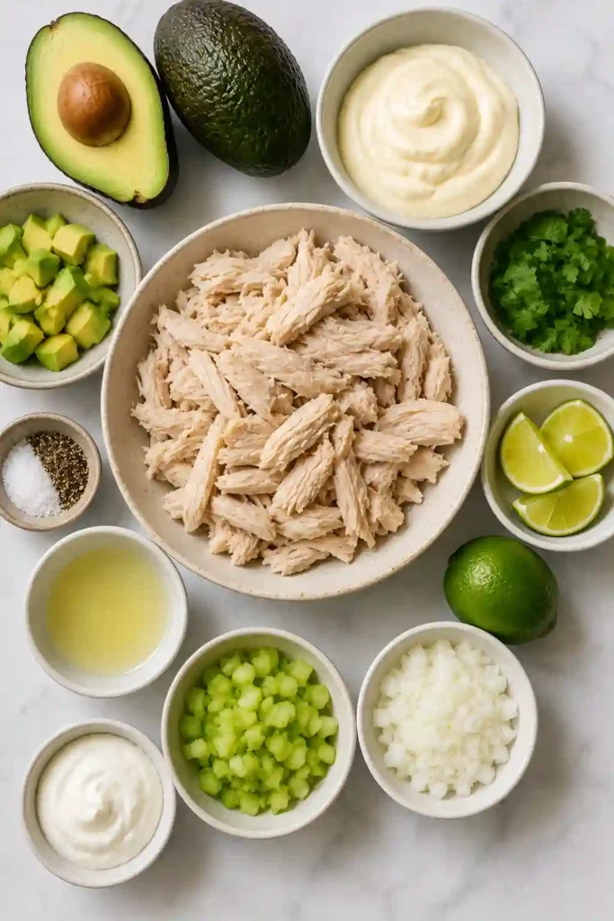 Close-up of creamy avocado chicken salad served with crackers and lime wedges. A delicious high-protein chicken salad recipe made with avocado and rotisserie chicken.
