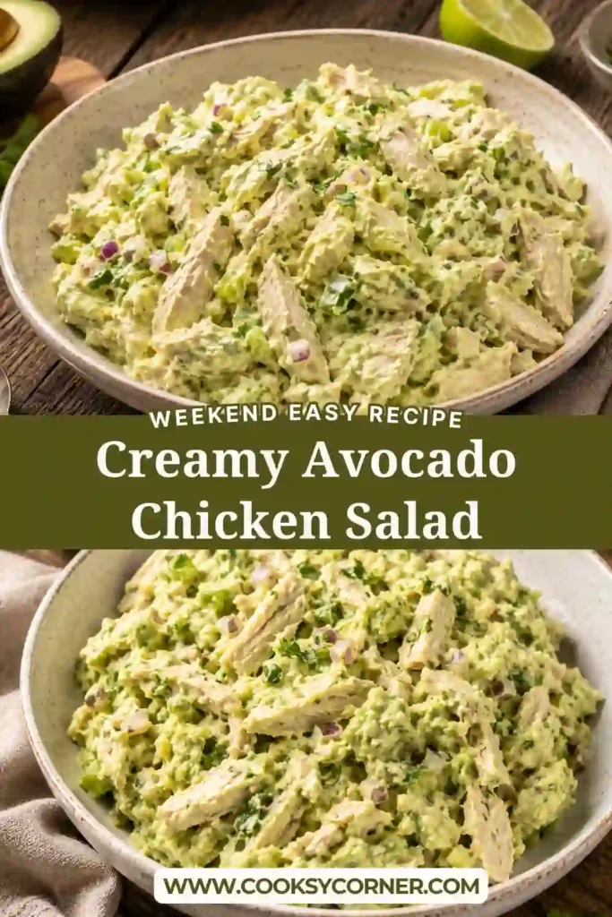 A bowl of Creamy Avocado Chicken Salad made with shredded chicken, ripe avocado, celery, cilantro, and lime. This healthy high-protein chicken salad is fresh, creamy, and perfect for meal prep.