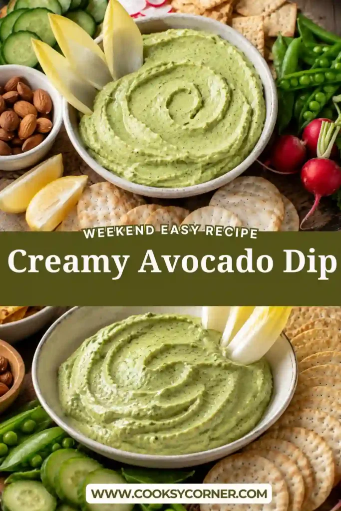 A bowl of Creamy Avocado Dip made with ripe avocados, Greek yogurt, fresh dill, and lemon juice served with colorful fresh vegetables.