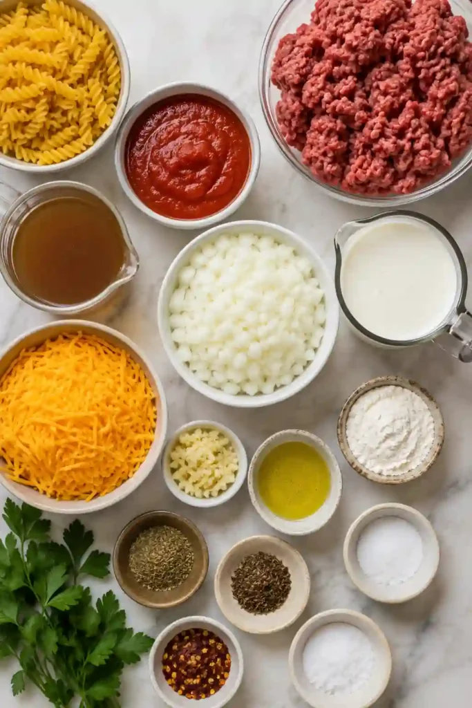 Freshly prepared creamy beef pasta featuring lean ground beef, cheddar cheese, and tomato cream sauce. A satisfying comfort food recipe for the whole family.