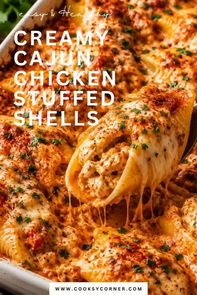 Close-up of Creamy Cajun Chicken Stuffed Shells served with marinara sauce and melted mozzarella. This baked stuffed shells recipe features a creamy Cajun chicken filling and irresistible cheesy goodness.