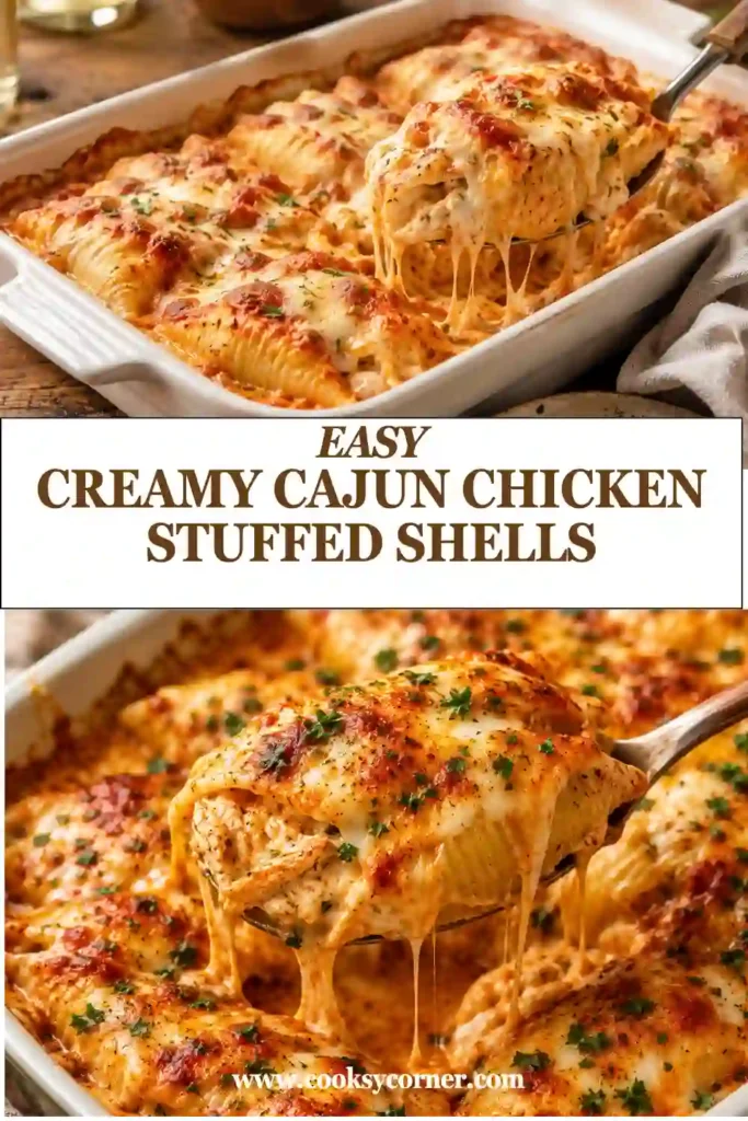 A baking dish filled with golden Creamy Cajun Chicken Stuffed Shells topped with parsley and bubbling cheese. The hearty stuffed pasta shells are packed with seasoned shredded chicken and creamy cheeses.