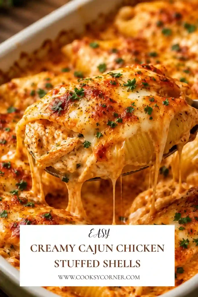 Creamy Cajun Chicken Stuffed Shells baked with marinara sauce and melted cheese, garnished with fresh parsley. This comforting Cajun chicken pasta dish is rich, creamy, and perfect for family dinners.