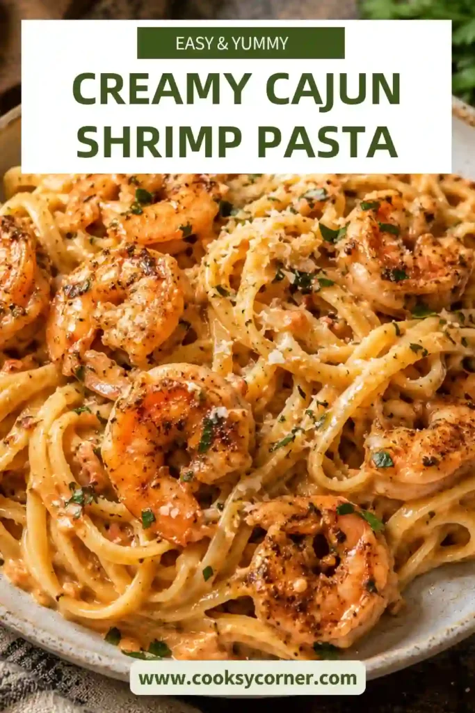 A bowl of Creamy Cajun Shrimp Pasta with linguine, Parmesan cream sauce, Cajun shrimp, parsley, and chives served with extra grated cheese.