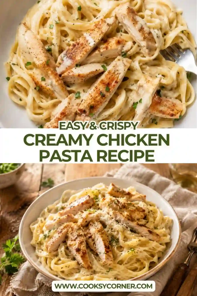 2. Creamy chicken pasta served with tender pan-seared chicken, fresh herbs, and Parmesan cheese. A comforting homemade pasta dinner perfect for weeknights.