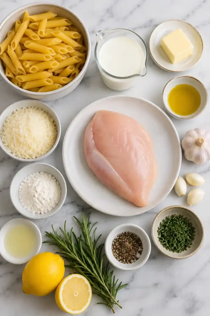 4. Rich Parmesan chicken pasta in a creamy garlic sauce garnished with rosemary and lemon. An easy family dinner with classic Italian-inspired flavors.