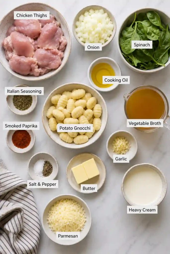 4. One-pan Creamy Chicken and Gnocchi with fresh spinach and Parmesan, creating a comforting weeknight dinner with rich, savory flavors.
