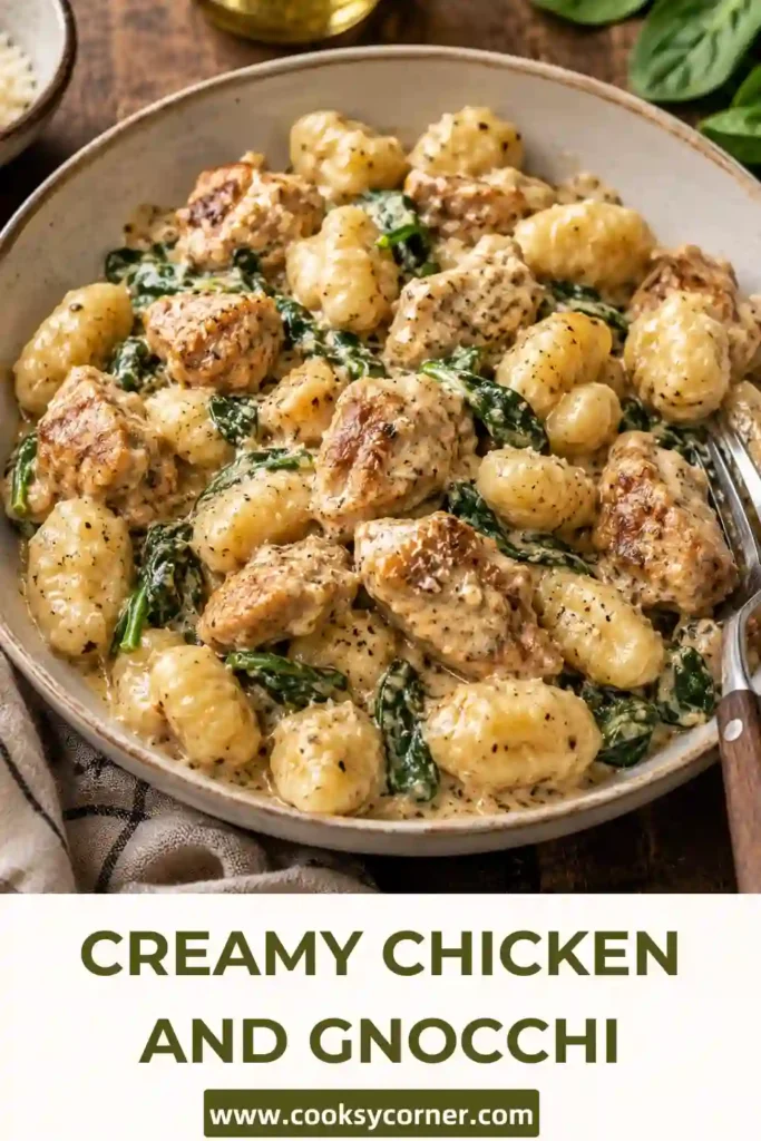 2. Creamy Chicken and Gnocchi served in a rustic skillet with tender chicken, wilted spinach, and pillowy gnocchi coated in a velvety Parmesan sauce.