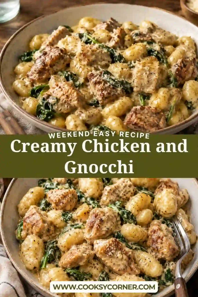 1. A skillet of Creamy Chicken and Gnocchi with golden chicken pieces, potato gnocchi, fresh spinach, and a rich Parmesan cream sauce, garnished with parsley.