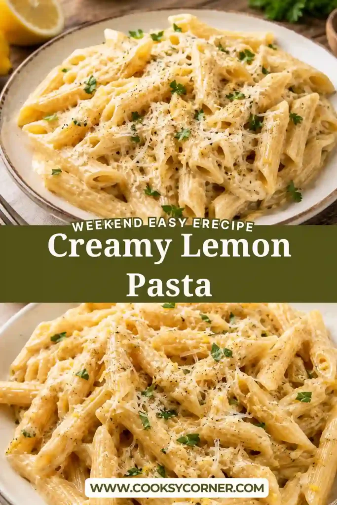 Creamy lemon garlic pasta served in a white bowl with freshly grated Parmesan, cracked black pepper, and lemon slices. A comforting homemade pasta dinner.