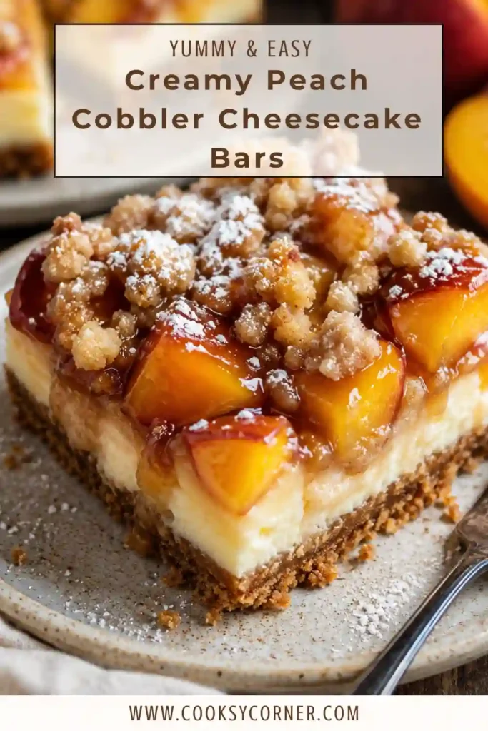 A plate of Creamy Peach Cobbler Cheesecake Bars garnished with fresh peach slices and cinnamon, ready to serve.