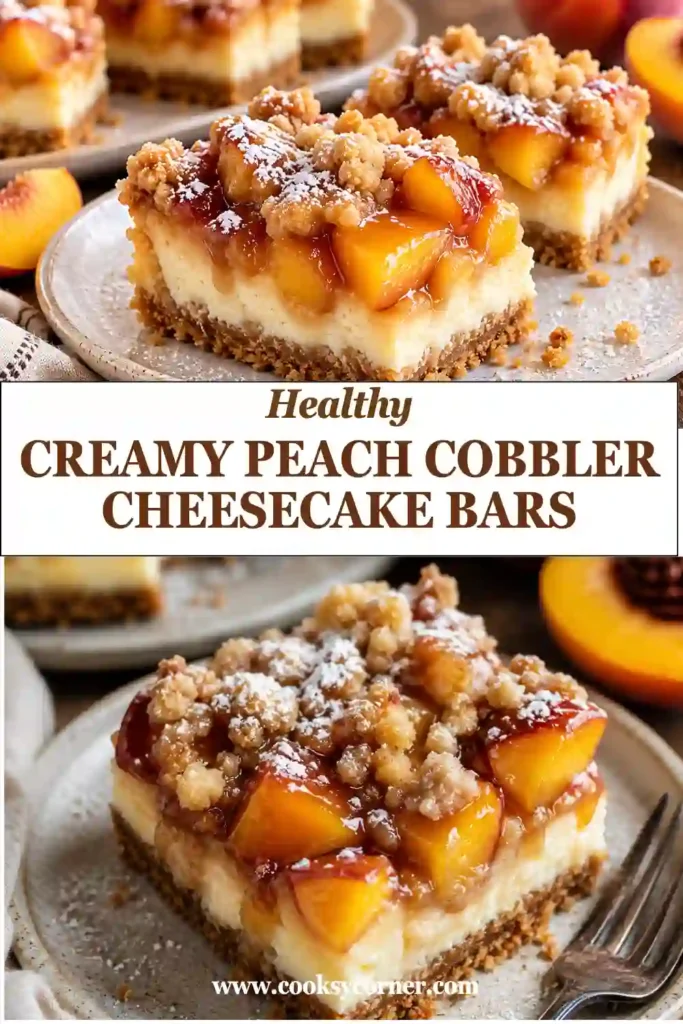 Creamy Peach Cobbler Cheesecake Bars topped with cinnamon-spiced peaches on a buttery graham cracker crust, sliced into neat squares.