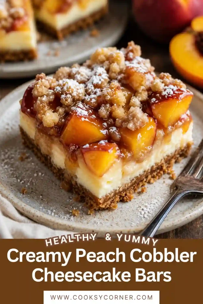 Homemade peach cheesecake bars featuring a creamy cheesecake layer, juicy peach topping, and golden graham cracker crust.