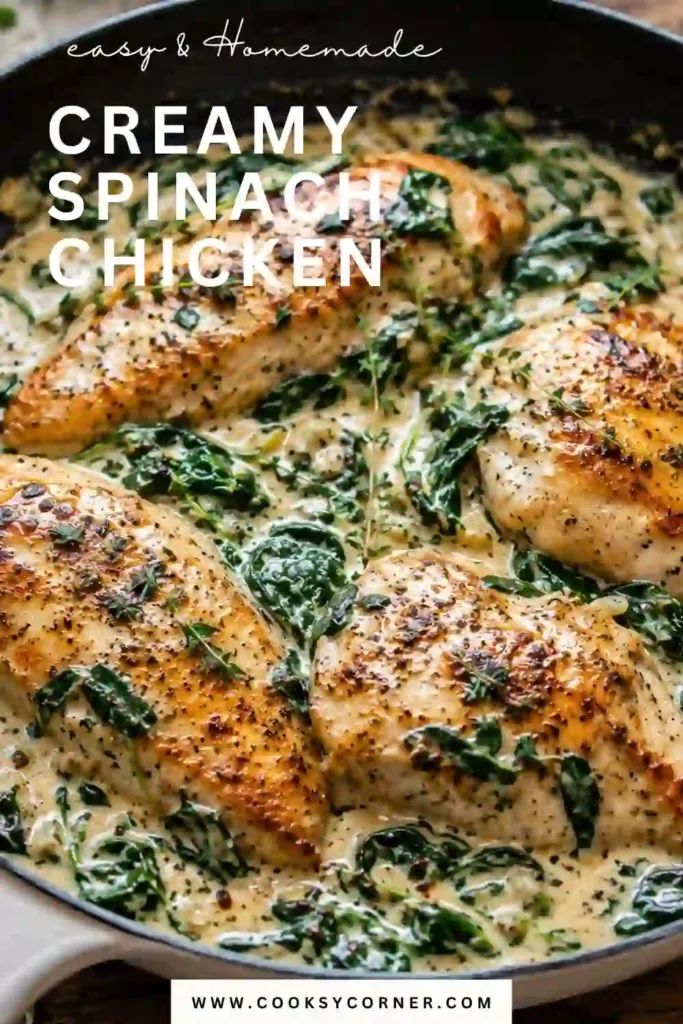 One-pan Creamy Spinach Chicken with garlic, Parmesan cheese, and wilted spinach in a creamy sauce. Perfect served over pasta, mashed potatoes, or rice.
