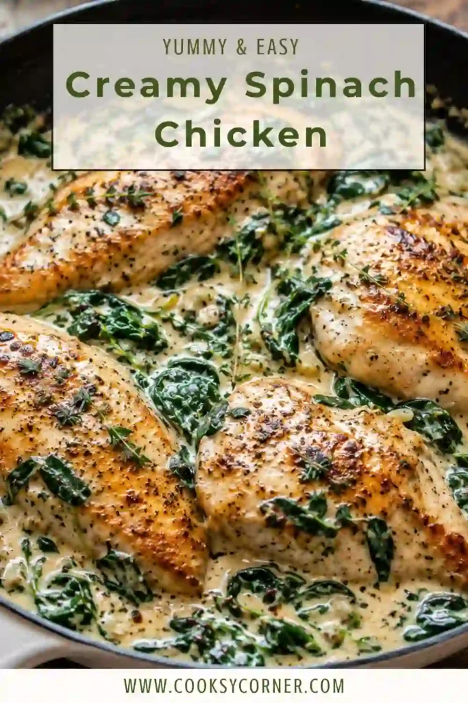 Juicy chicken breasts cooked in a creamy spinach and Parmesan sauce garnished with fresh thyme. A delicious skillet chicken recipe ready in only 30 minutes.