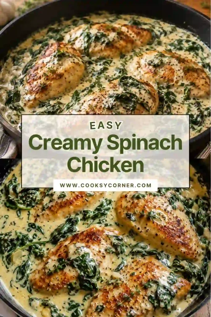 Creamy Spinach Chicken served in a skillet with golden pan-seared chicken breasts covered in a rich garlic Parmesan cream sauce and fresh wilted spinach. This easy chicken dinner looks creamy, comforting, and full of flavor.