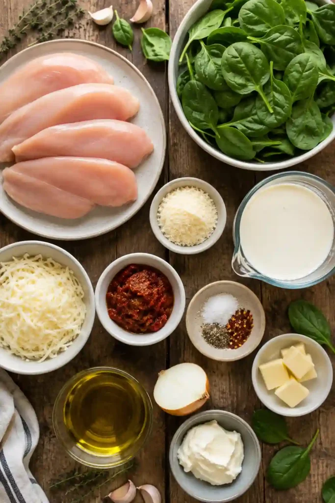 Freshly cooked Creamy Spinach Chicken in a cast iron skillet topped with thyme and surrounded by creamy garlic Parmesan spinach sauce. A simple yet elegant chicken with spinach recipe.