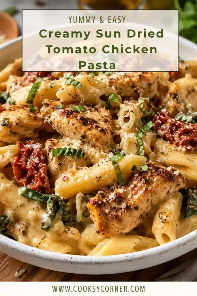 Homemade Creamy Chicken Pasta with sun-dried tomatoes, spinach, Parmesan cheese, and a velvety cream sauce served in a rustic bowl.