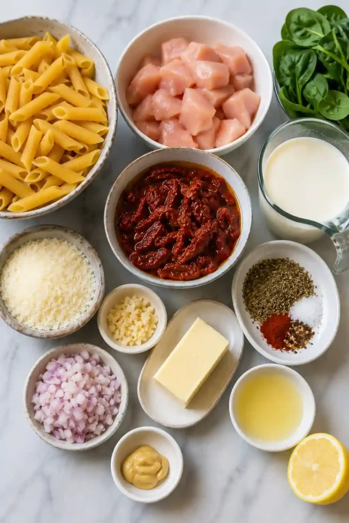 Easy Creamy Sun-Dried Tomato Chicken Pasta made with simple ingredients including chicken breast, spinach, Parmesan, and sun-dried tomatoes for a comforting family dinner.