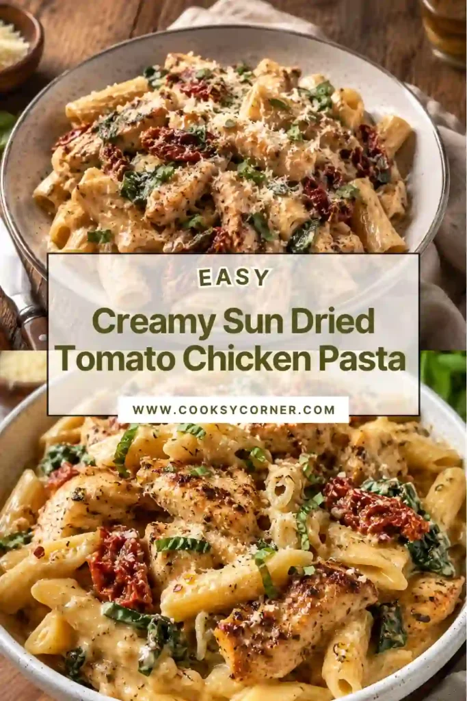 Close-up of Creamy Sun-Dried Tomato Chicken Pasta featuring golden chicken, tangy sun-dried tomatoes, wilted spinach, and creamy Parmesan sauce over penne pasta.