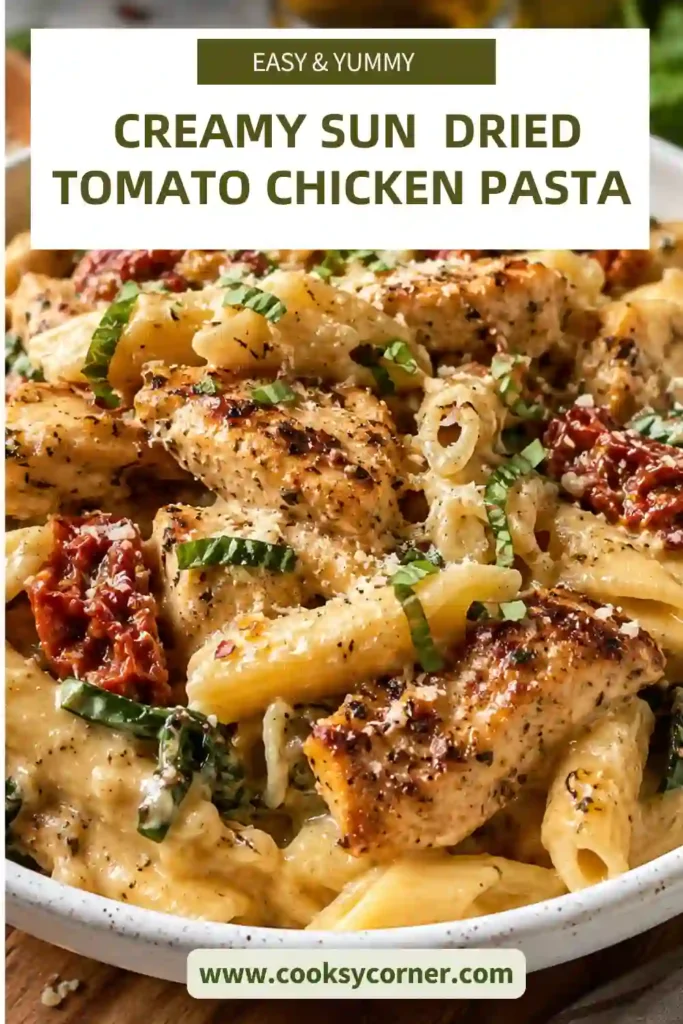 Creamy Sun-Dried Tomato Chicken Pasta served with juicy chicken, fresh spinach, grated Parmesan, and tender pasta coated in a rich cream sauce under natural lighting.