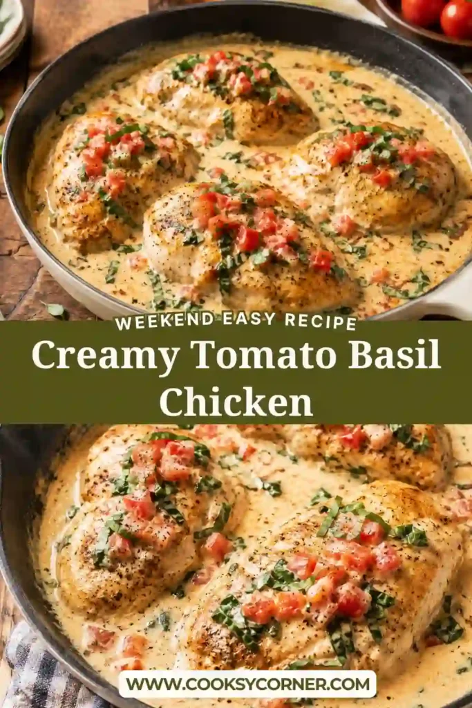 One-skillet Creamy Tomato Basil Chicken garnished with fresh basil and served with creamy tomato sauce. A quick family-friendly chicken recipe.