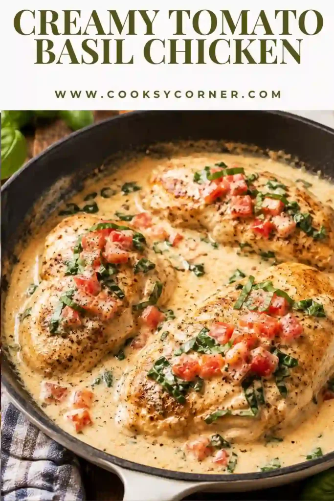Creamy Tomato Basil Chicken served in a skillet with fresh basil, chopped tomatoes, and a rich garlic cream sauce. An easy one-pan chicken dinner.