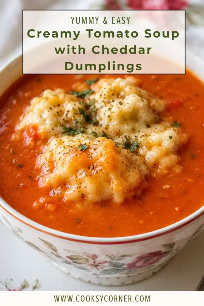 3. Rich tomato soup featuring fluffy cheddar dumplings and freshly grated cheese. A hearty one-pot comfort food recipe for the whole family.
