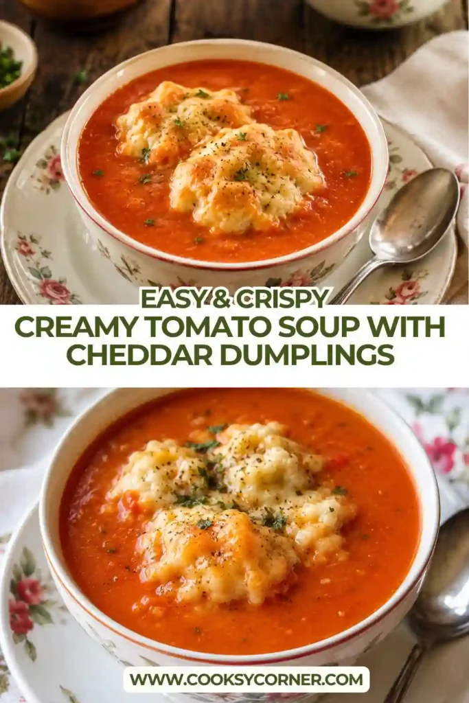 2. Homemade creamy tomato soup served with tender cheddar dumplings in a rustic bowl. This comforting soup is perfect for cozy dinners.