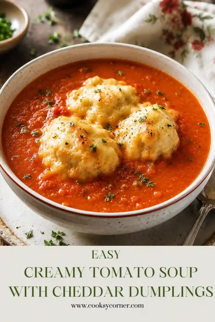 1. A bowl of Creamy Tomato Soup with Cheddar Dumplings topped with melted cheddar and fresh herbs. The rich tomato broth and fluffy dumplings create a comforting homemade meal.
