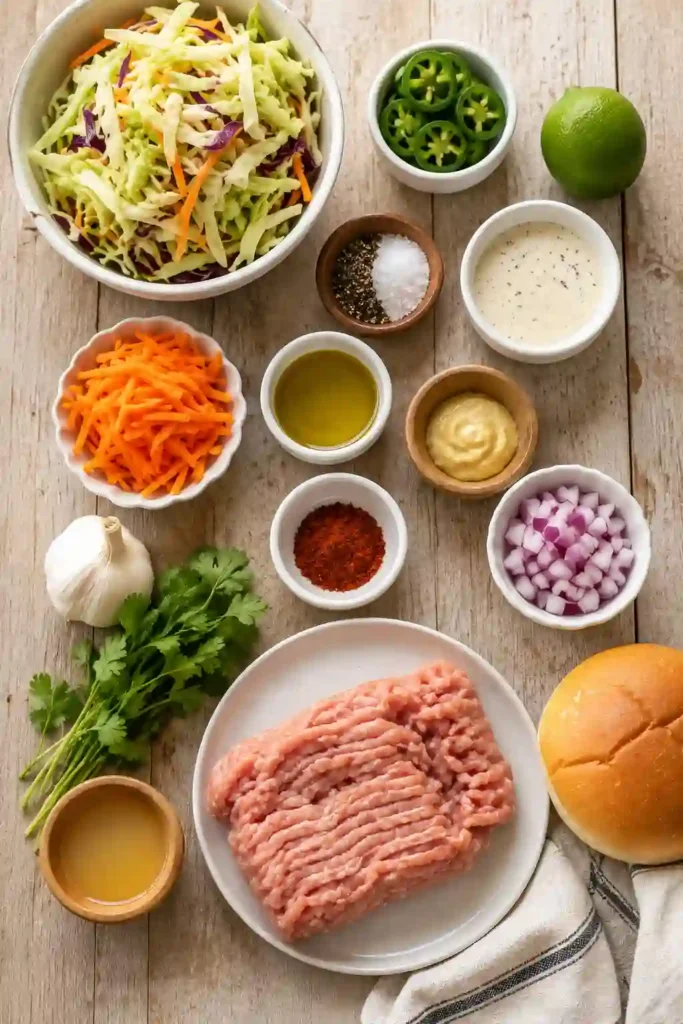 Close-up of grilled turkey burgers layered with creamy jalapeño cabbage slaw on toasted buns. A healthy burger recipe packed with flavor and texture.