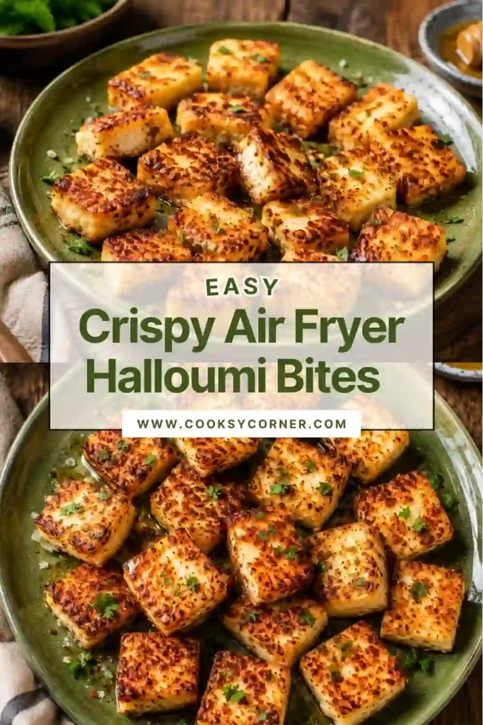 Homemade Crispy Air Fryer Halloumi Bites arranged on a serving platter with fresh parsley and lemon wedges. A Mediterranean-inspired appetizer.